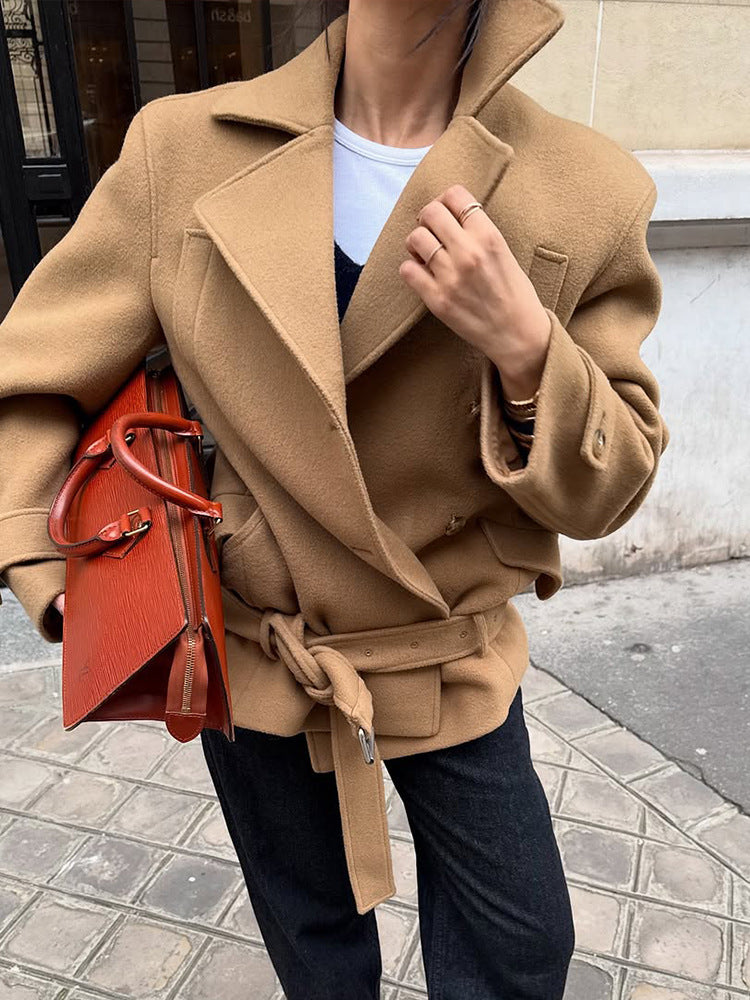 Solid Minimalist Tie Waist Thickened Coat