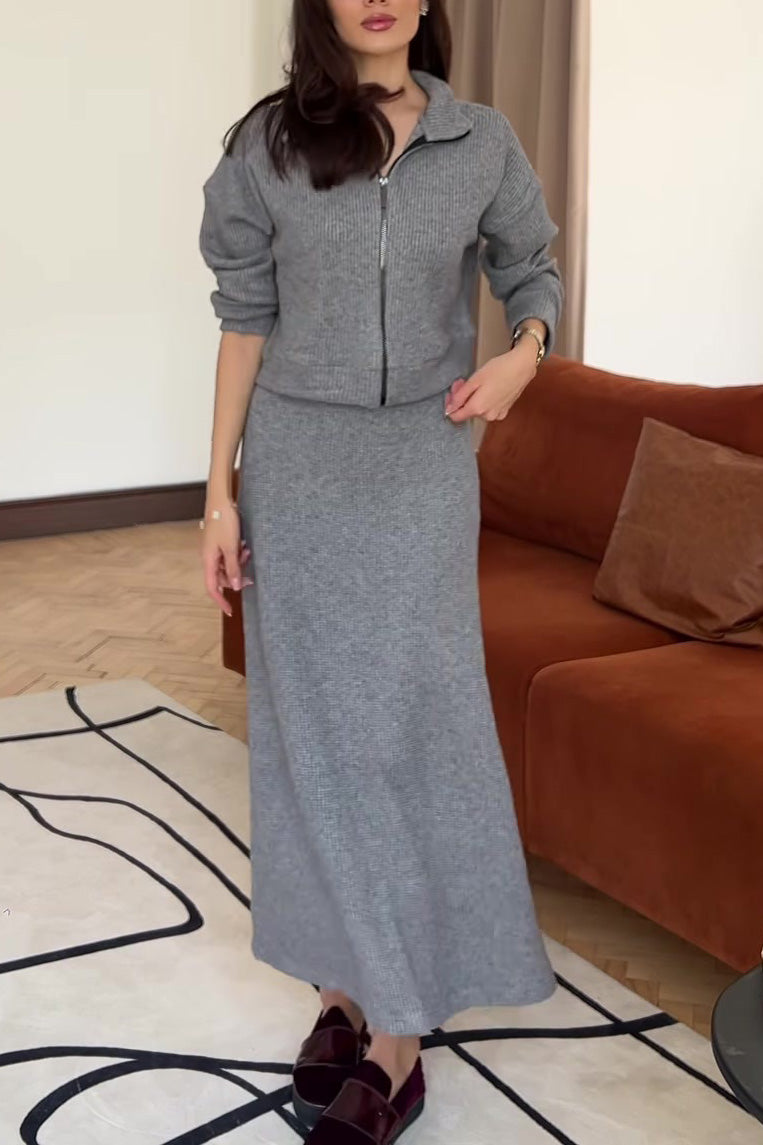 Chic Solid Color Knit Lapel Zip-Up Coat and Maxi Skirt Set