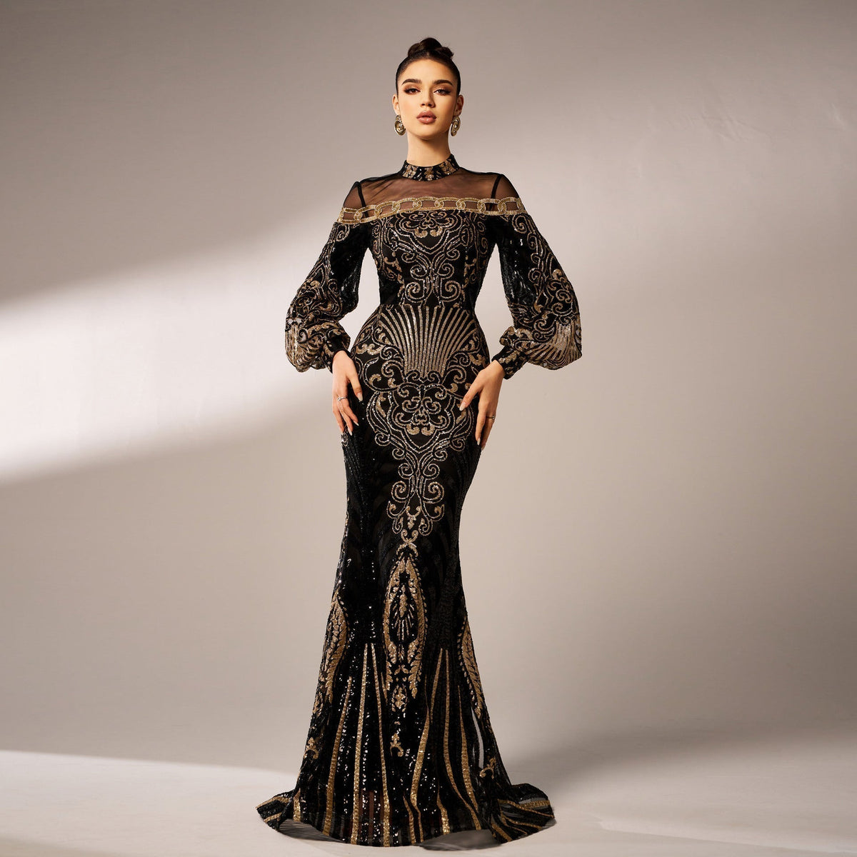 Sequin High Neck Long Sleeve Mermaid Gown