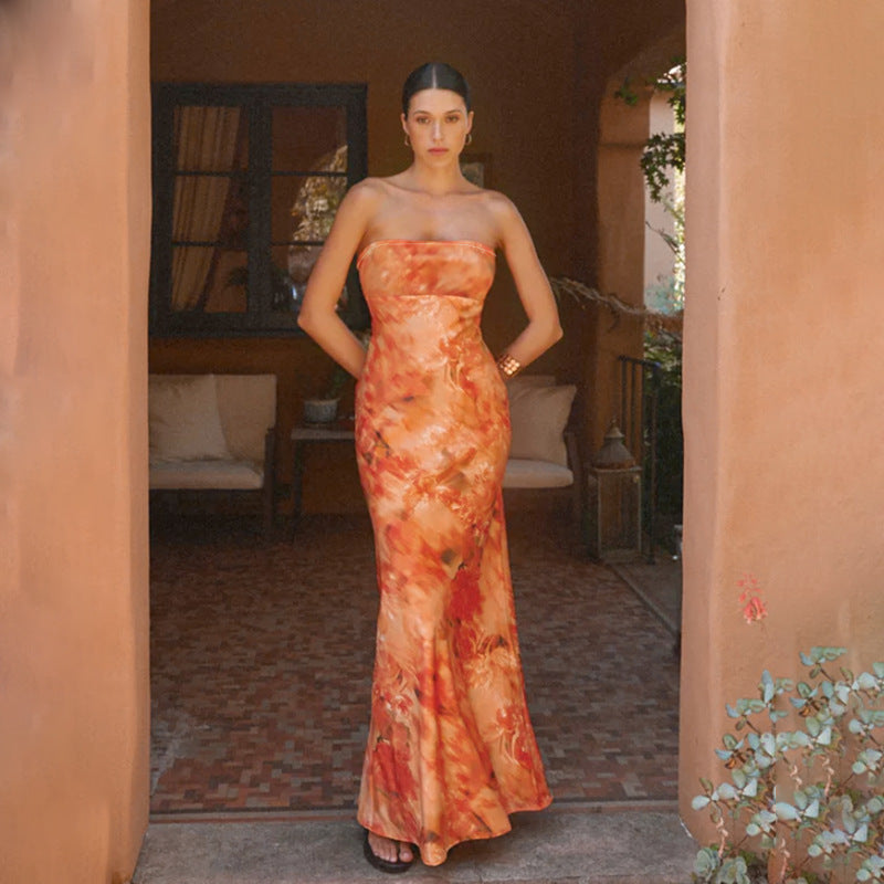 Watercolor Print Strapless Empire Column Maxi Dress 2