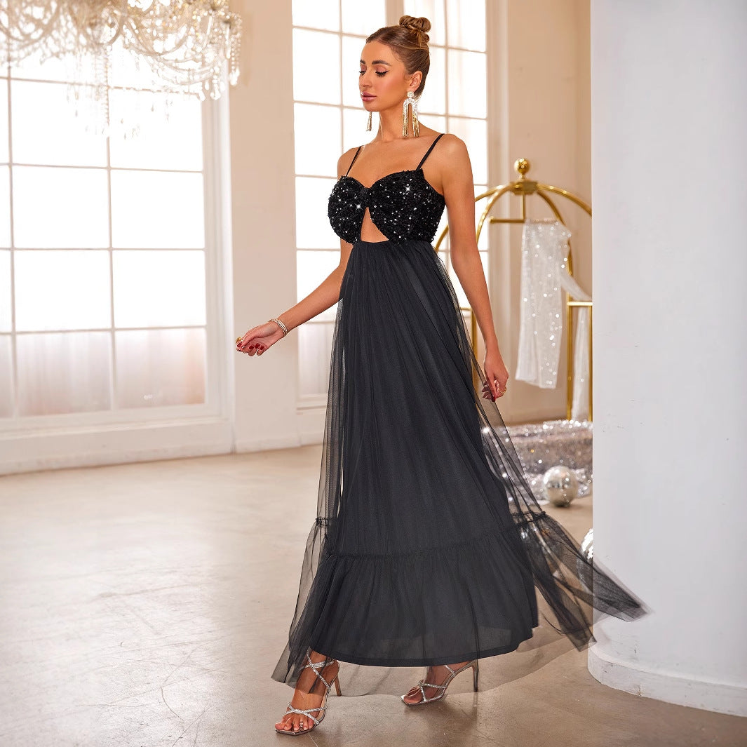 Mesh Sequ Camisole Evening Long Elegant Socialite Slim Fit Slimming Dress - Fashionpara