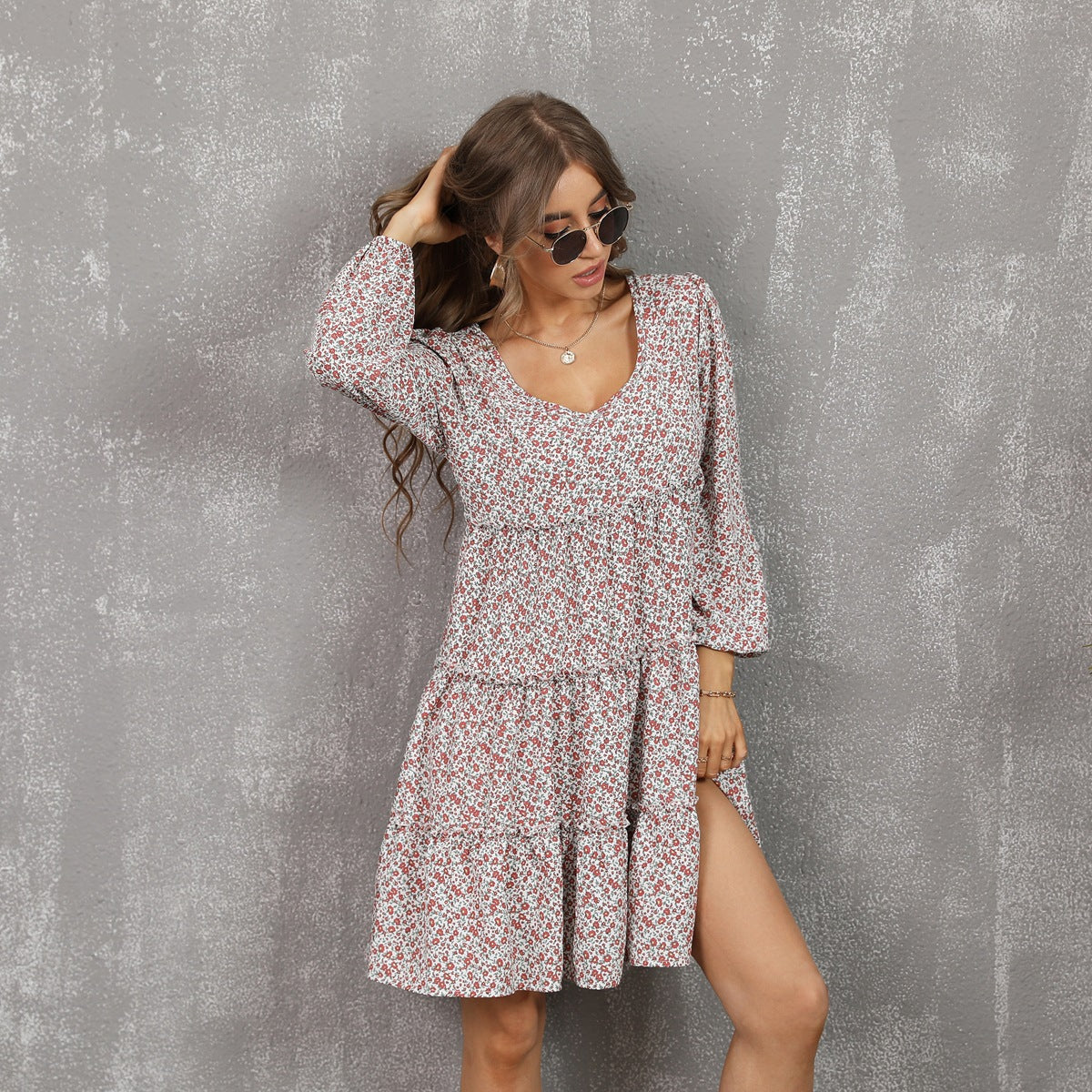 Floral Print Scoop Neck Long Sleeve Tiered Mini Dress