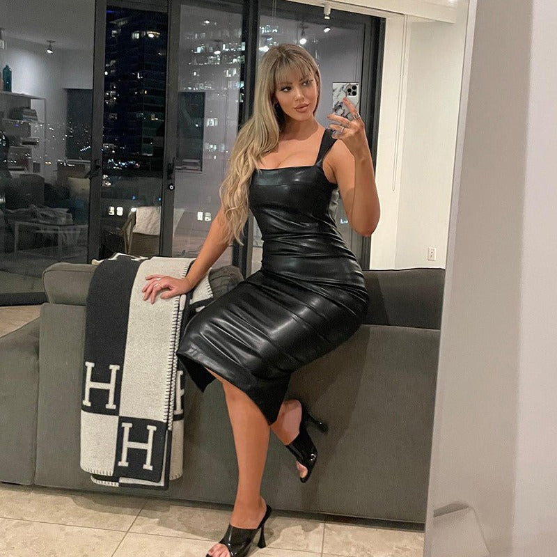 Slim Fit Leather Vest Maxi Dress