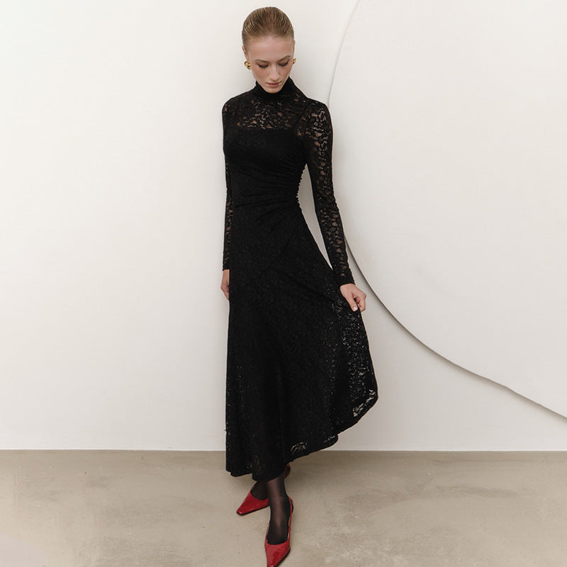 Lace Stitching Pleated Slim Fit Long Sleeve Oblique Strap Inner Dress - View 4