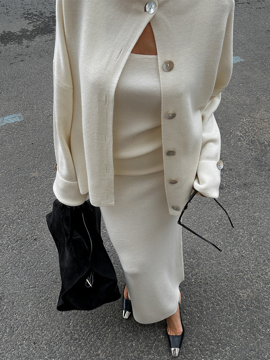 Cozy Knitted Long-Sleeved Cardigan and Skirt Set for Style