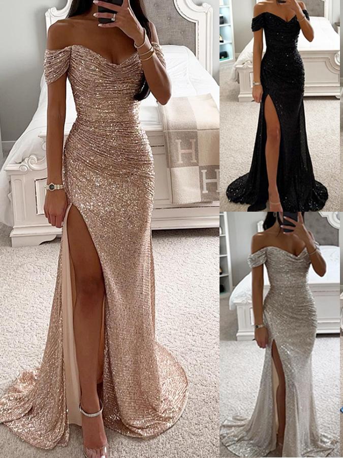 Party Sequined Boat Neck Slit Dress