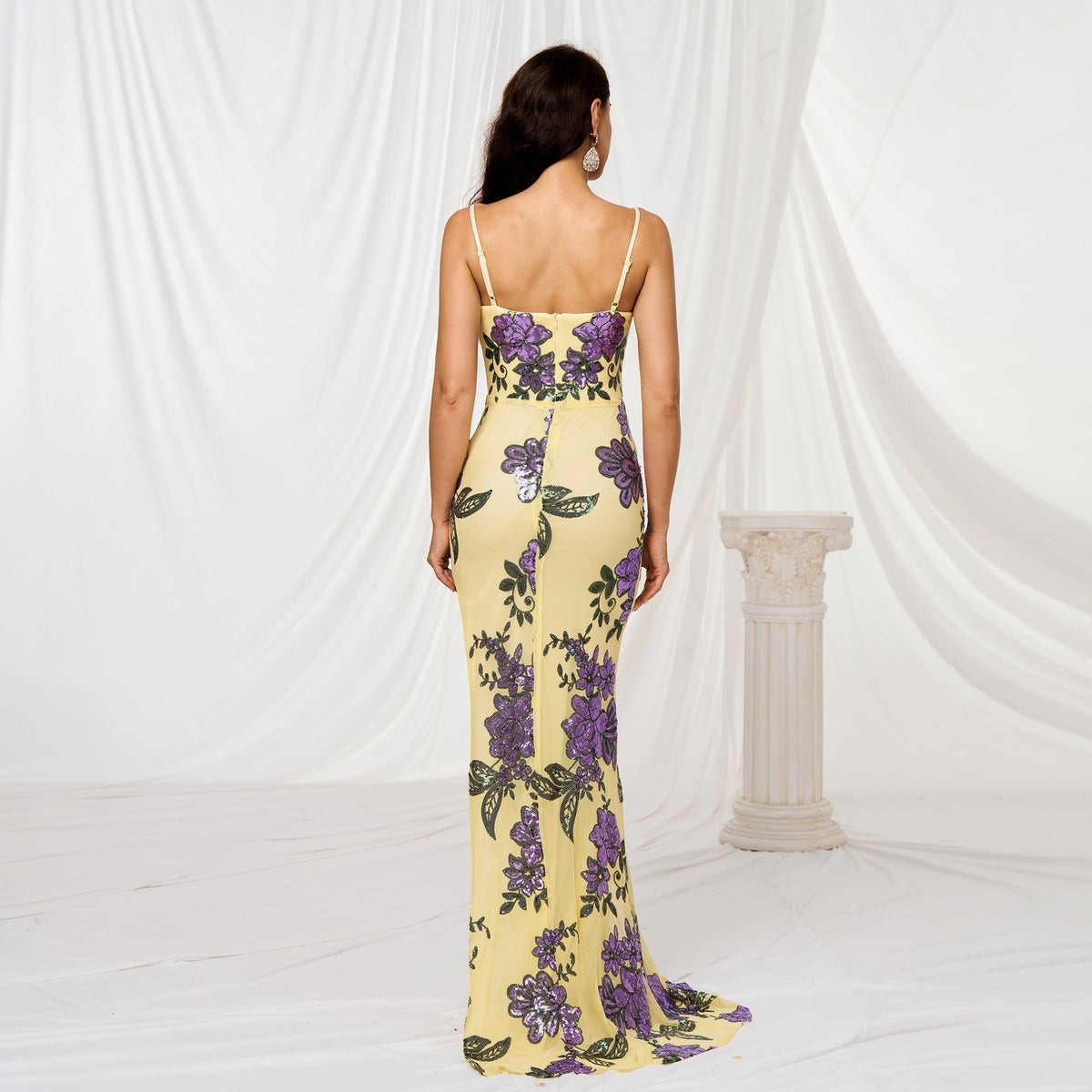 Sequin Floral Spaghetti Strap V-Neck High Split Mermaid Evening Gown - View 5