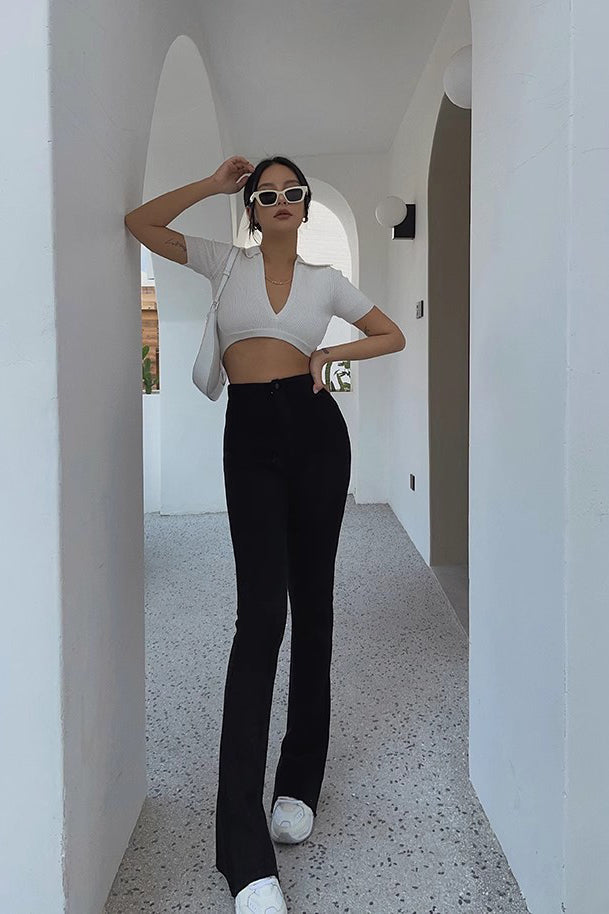 Nature High Waist Buckle Detail Split Hem Pants