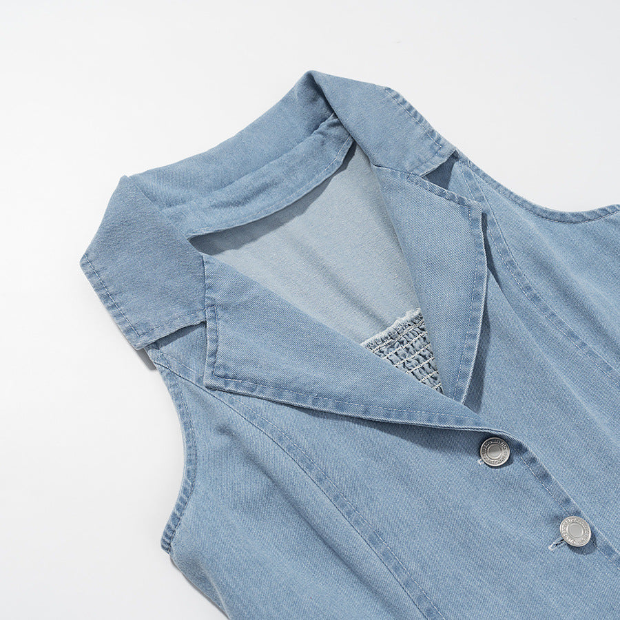 Deep V-Neck Sleeveless Button Down High Split Denim Maxi Dress 2