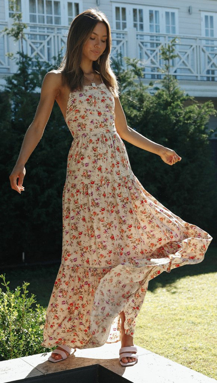 Floral Print Halter Neck Tiered Maxi Dress