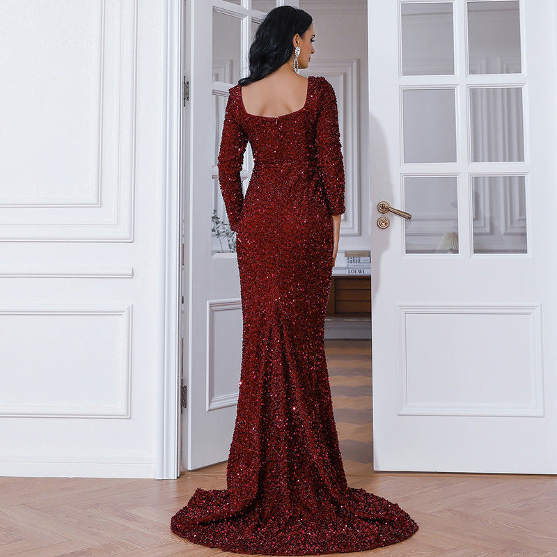 Fishtail Off Neck Long Sleeved Dress Mid Length Wedding Toast Dress Black Evening