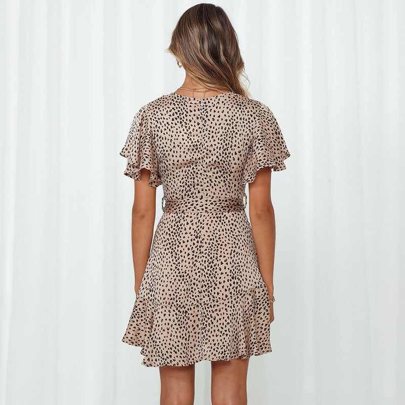 Leopard Print Flutter-Sleeve Wrap Ruffle Mini Dress 8