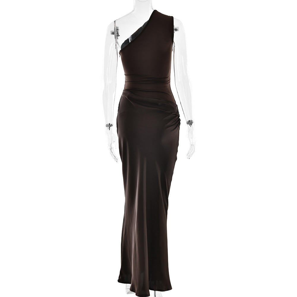 One-Shoulder Ruched Satin Draped Column Maxi Dress 4