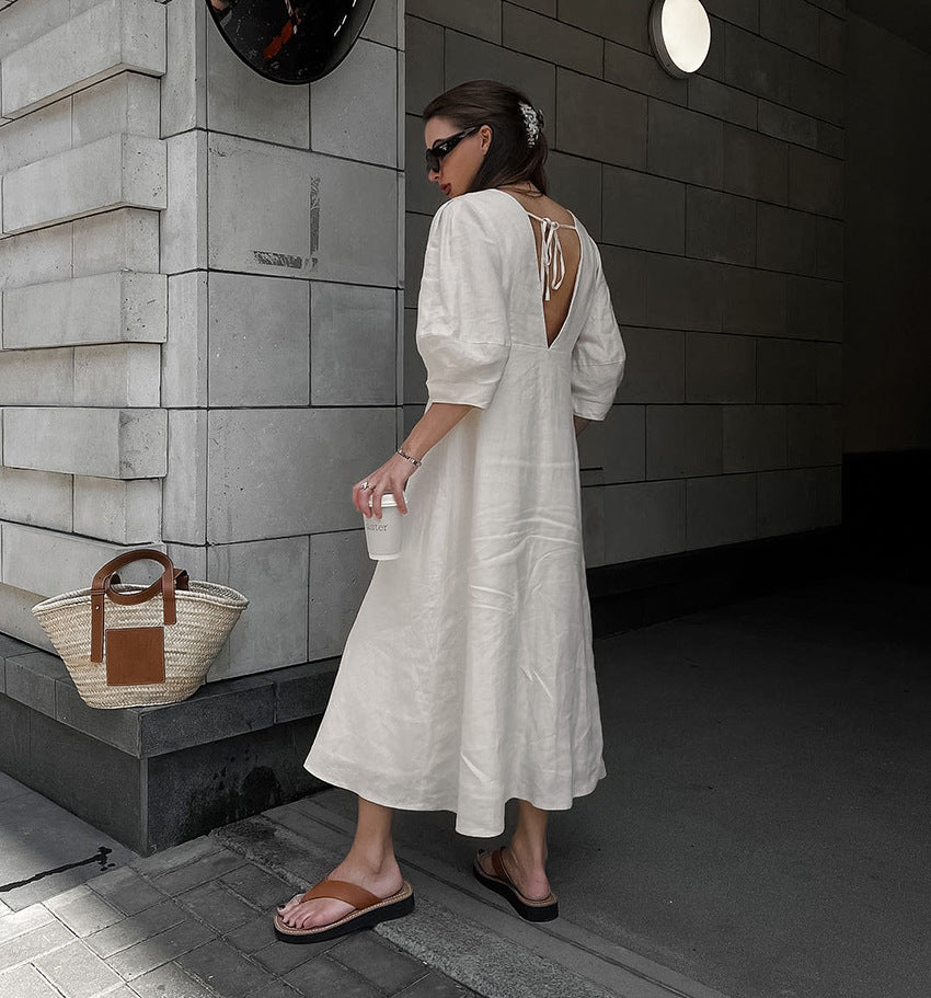 Linen V-Neck Button-Front Puff-Sleeve Midi Dress 3