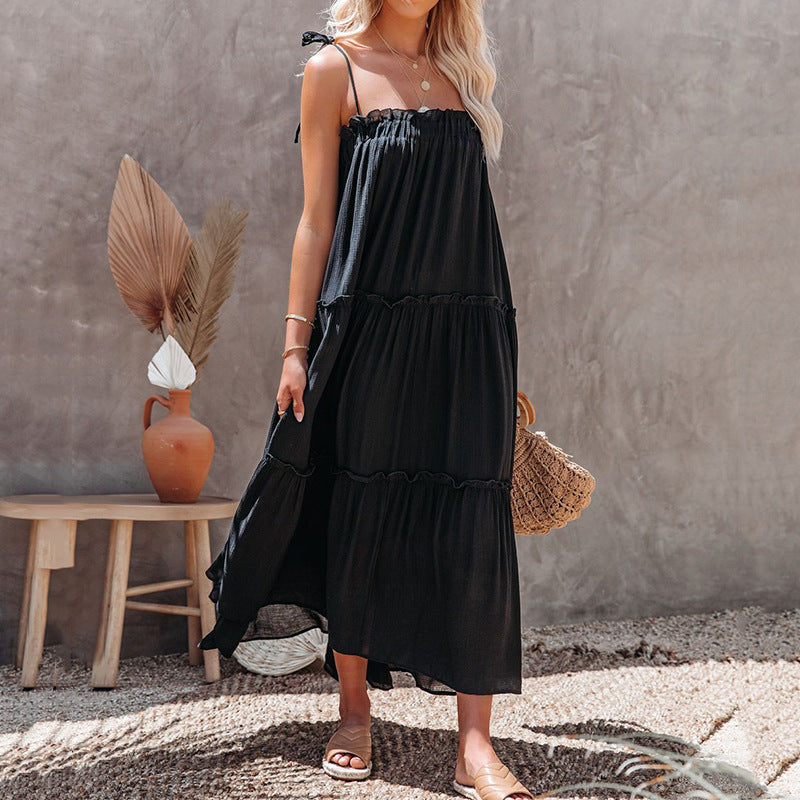 Tie Strap Ruffle Neck Tiered Maxi Dress