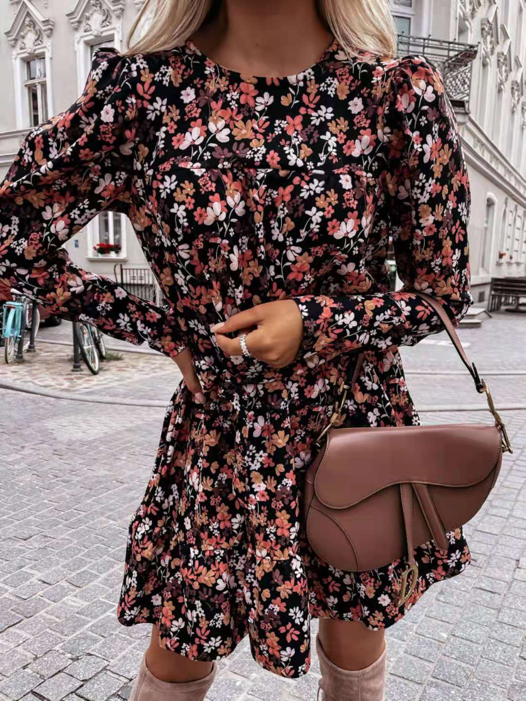 Floral Long Sleeve High Neck Tiered Ruffle Mini Dress - View 3