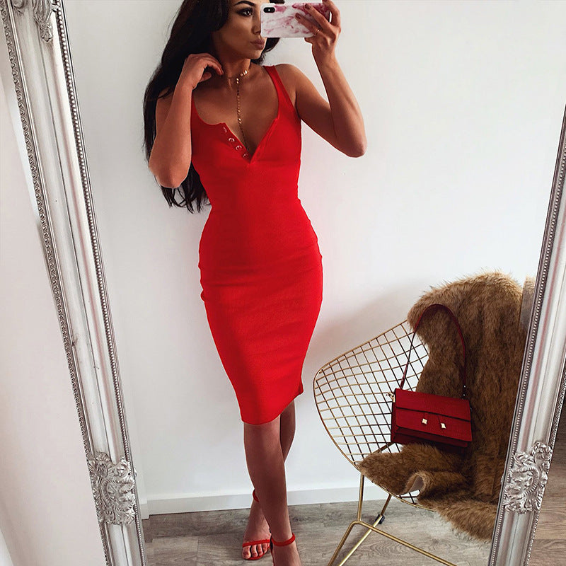 V-Neck Lace-Up Spaghetti Strap Bodycon Midi Dress