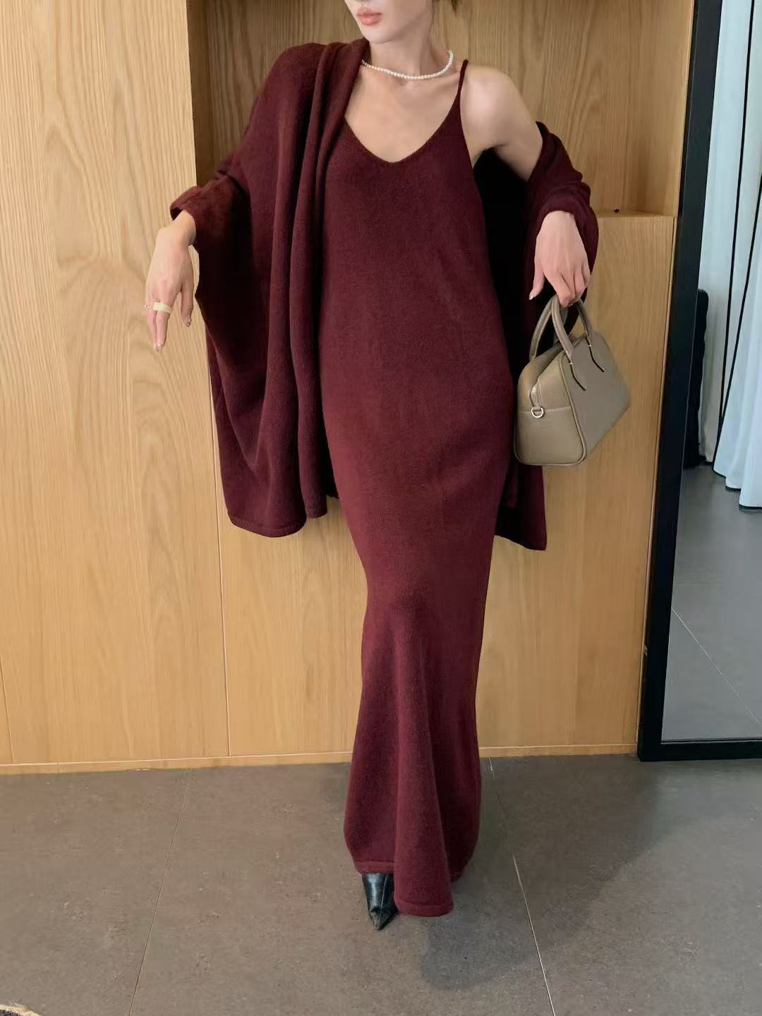 Elegant Knitted Shawl Coat and Dress Two-Piece Set