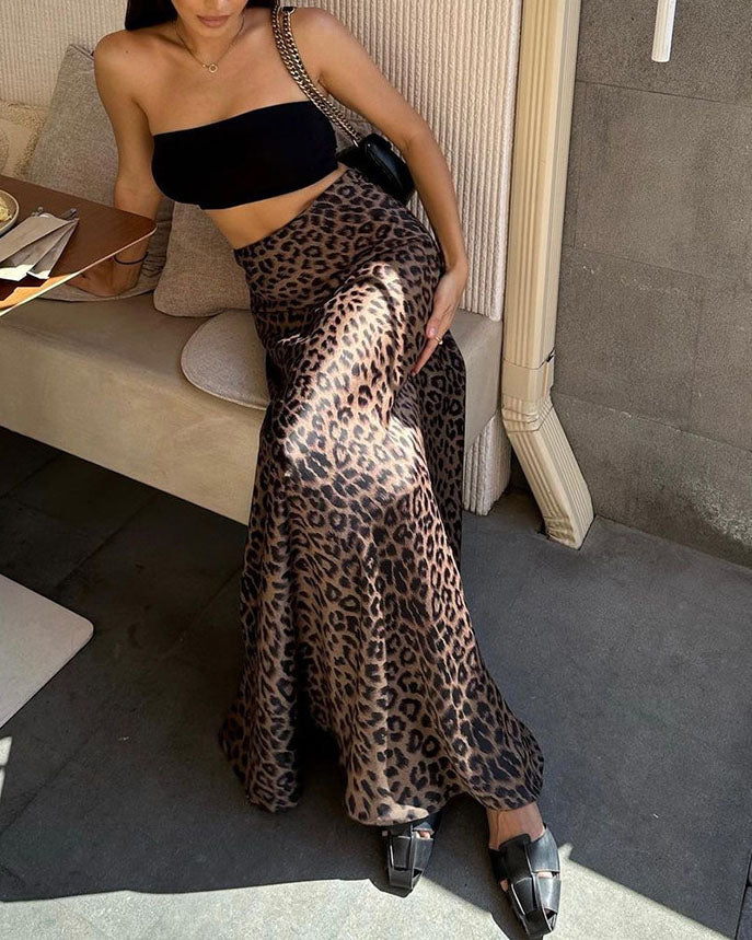 Satin Leopard Print Mermaid Skirt - Fashionpara
