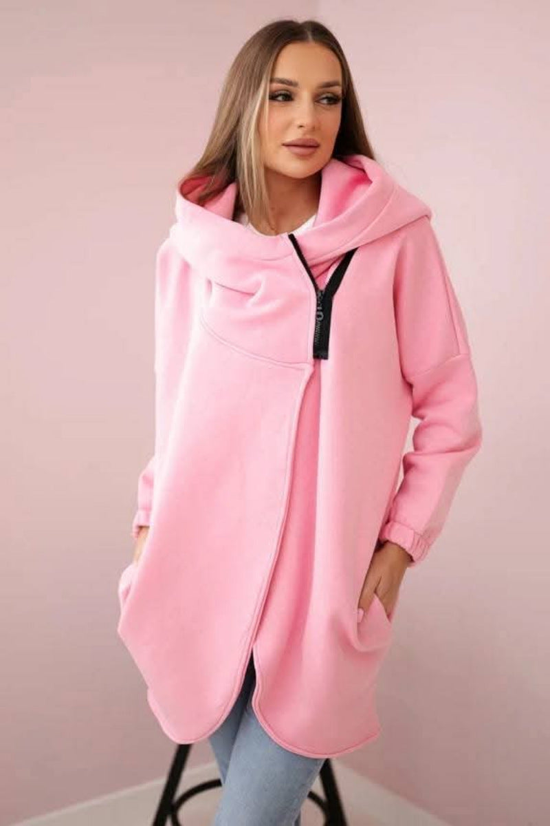 Chic Asymmetric Zip-Up Hooded Fleece Sweatshirt Coat