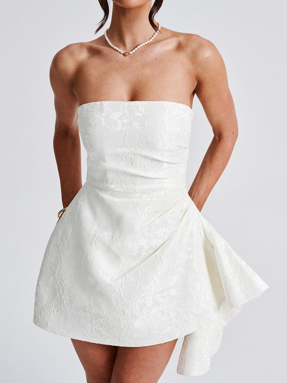 Floral Jacquard Strapless Ruched Asymmetric Drape Mini Dress 2