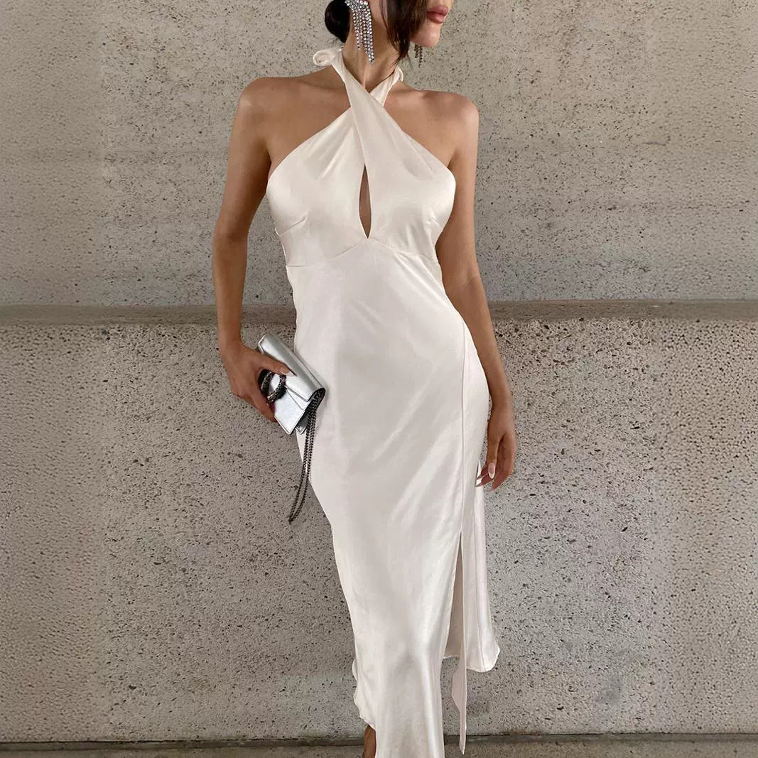 Satin Halterneck Cross-Front Cutout Backless Slit Maxi Dress 7