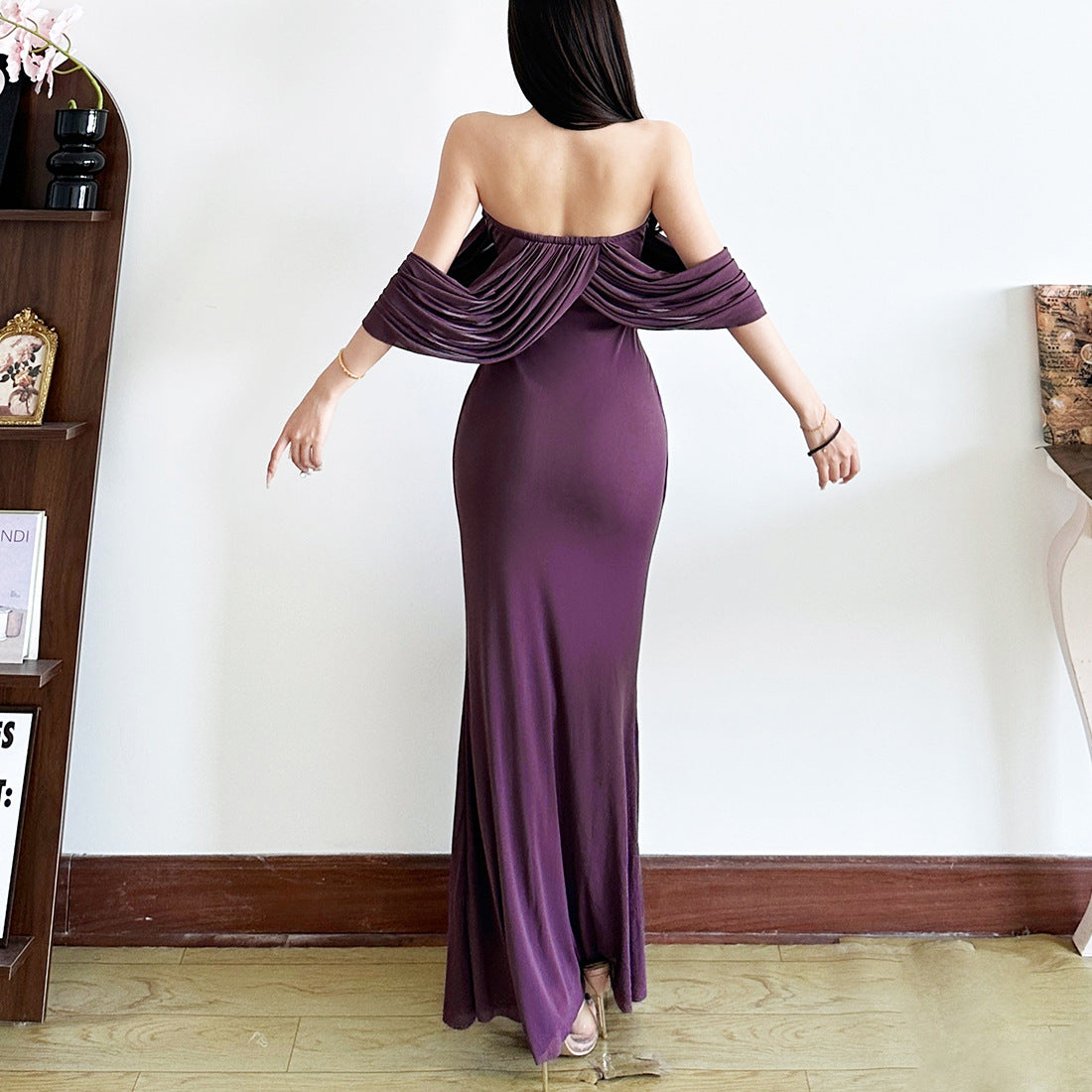 Off Shoulder Draped Lace Ruched Mermaid Maxi Dress - View 5