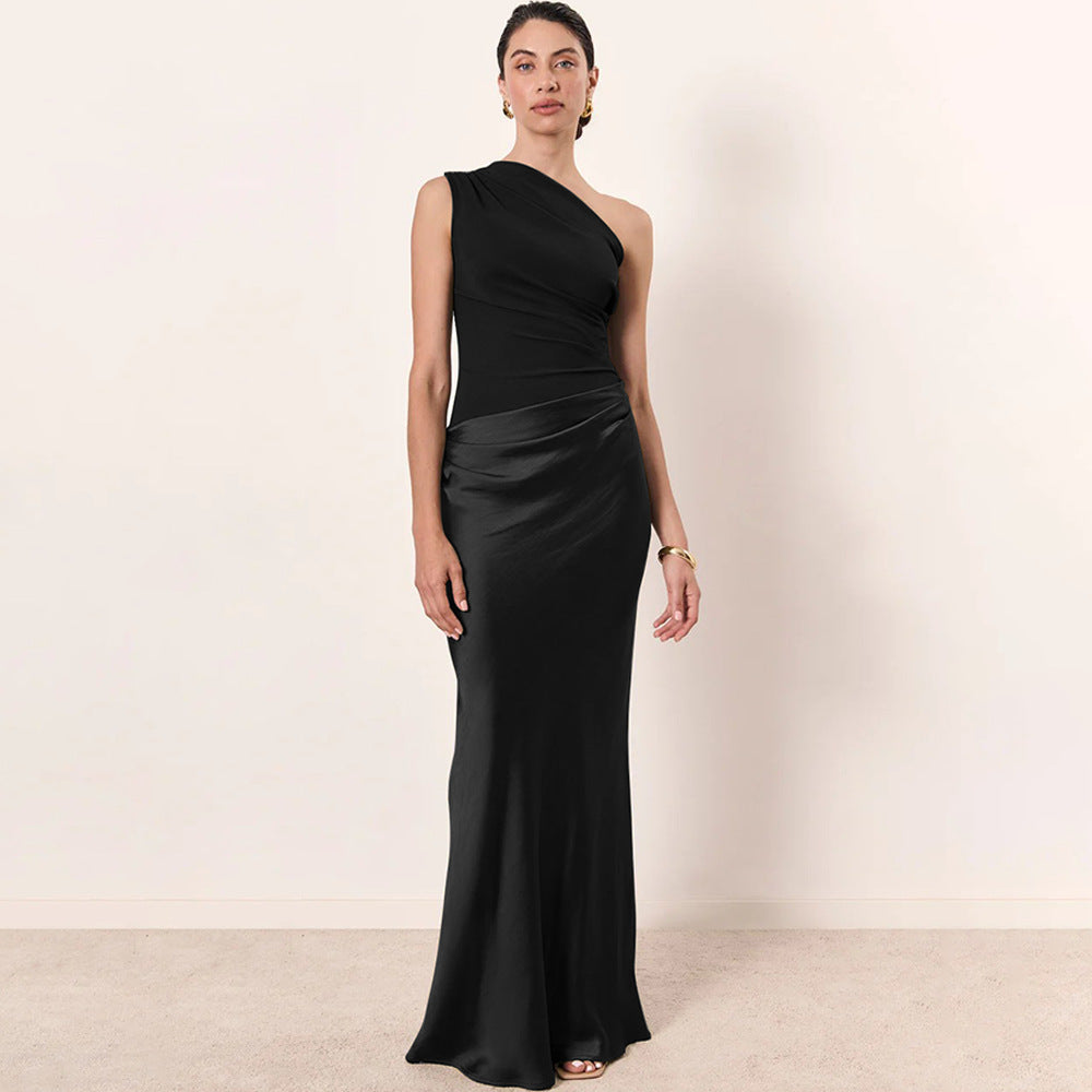One-Shoulder Ruched Satin Bias Column Maxi Dress 3