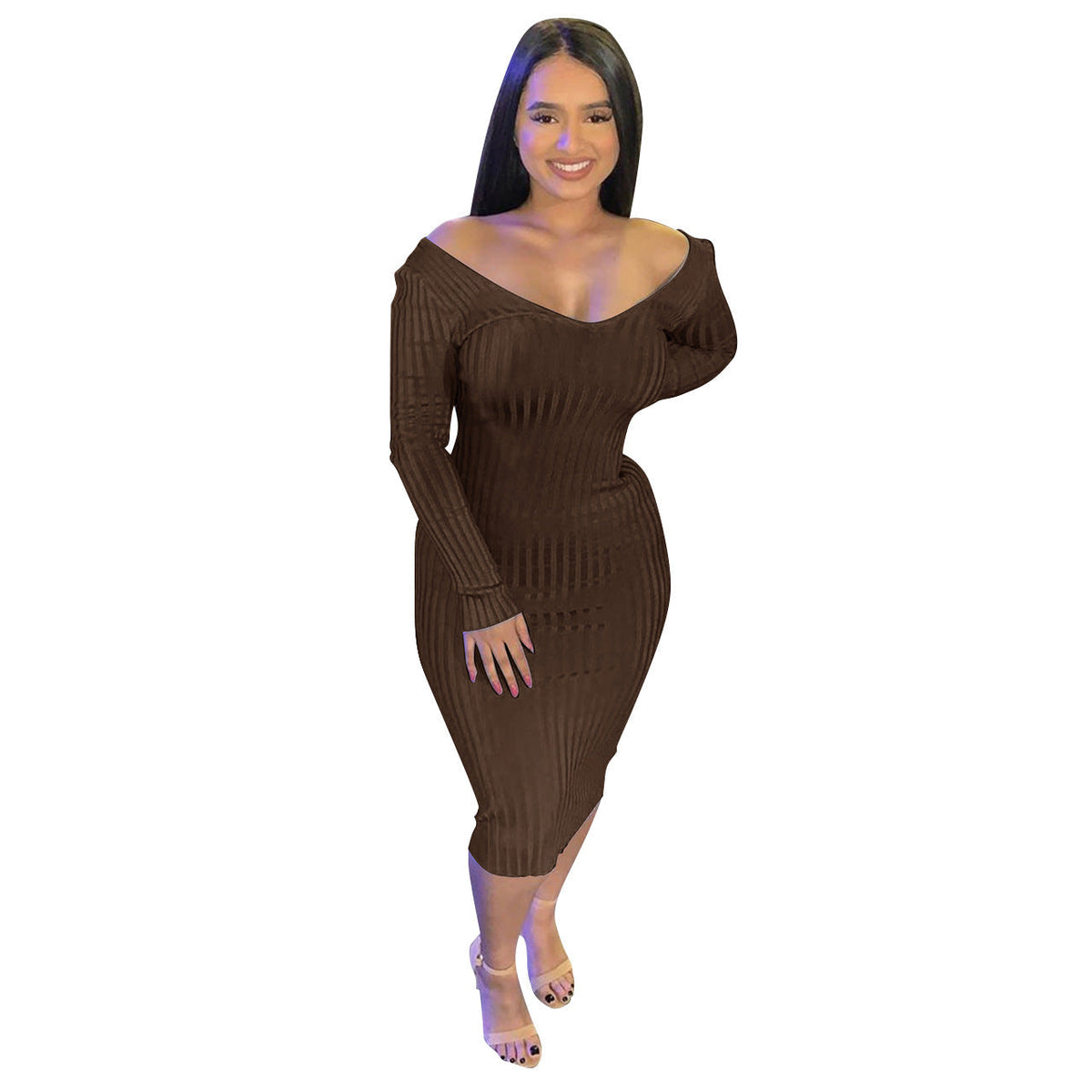 Ribbed Knit Off Shoulder Long Sleeve Bodycon Midi Dress