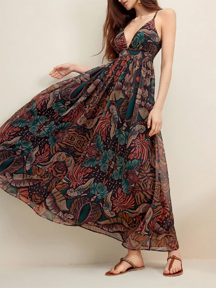 Printed V-neck Seaside Suspender Dress