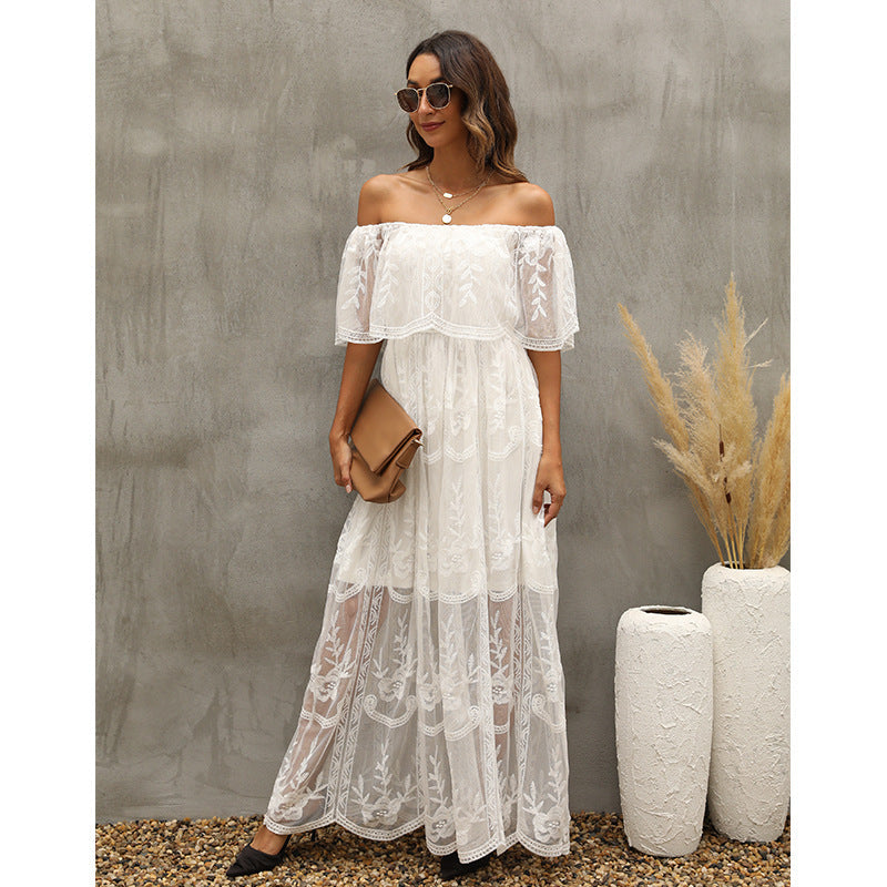 Embroidered Lace Off Shoulder Tiered Maxi Dress