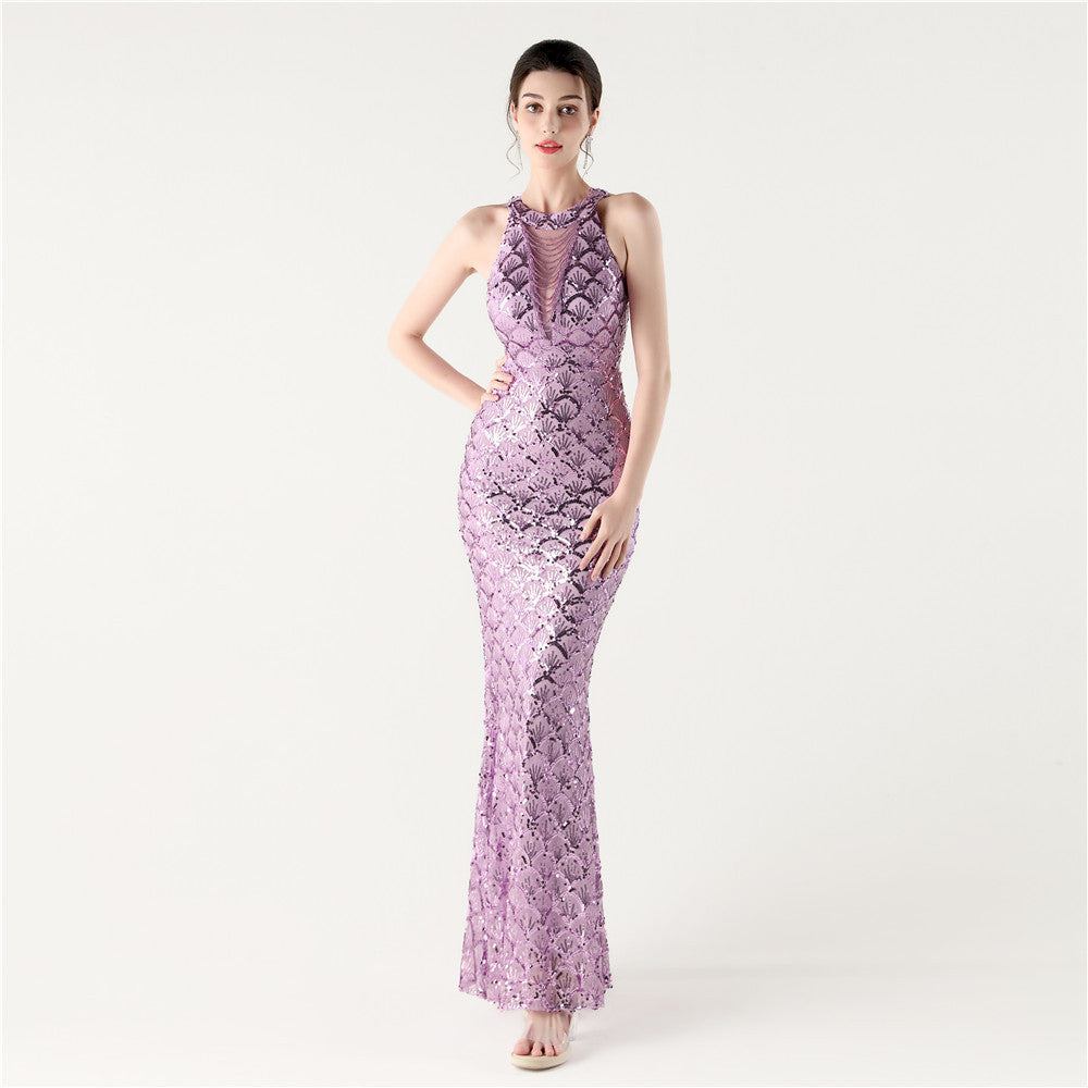 Sequin Halter Neck Backless Mermaid Maxi Evening Gown