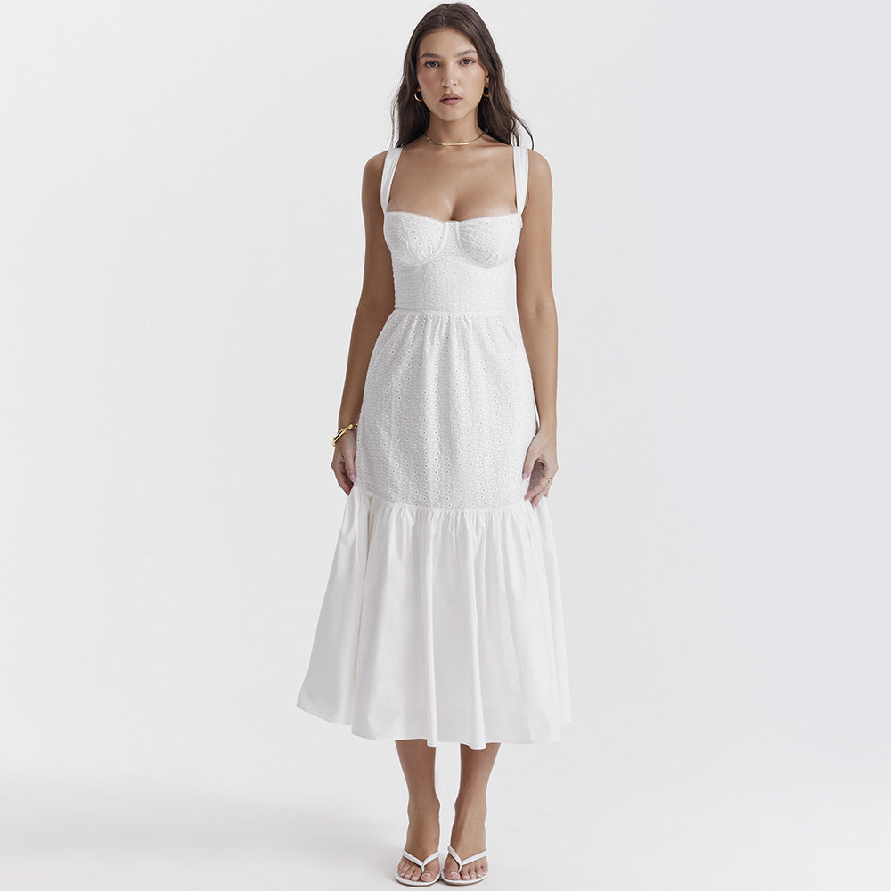 Eyelet Bustier Square Neck Wide Strap Tiered Ruffle Midi Dress - View 6
