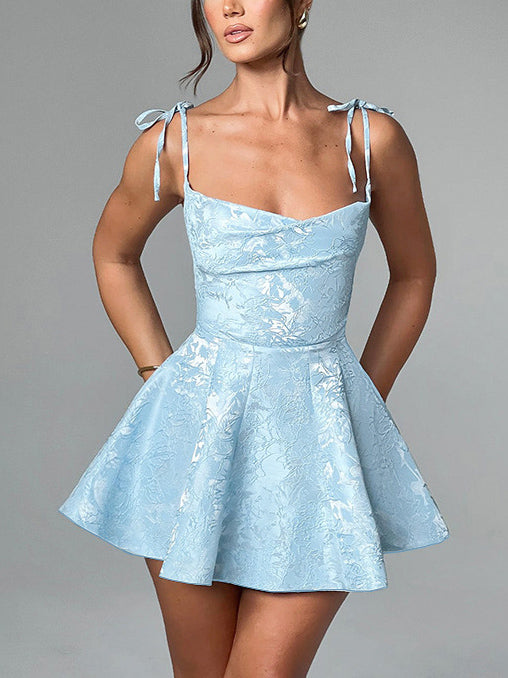 Jacquard Cowl Neck Tie Bow Shoulder Strap Fit and Flare Mini Dress