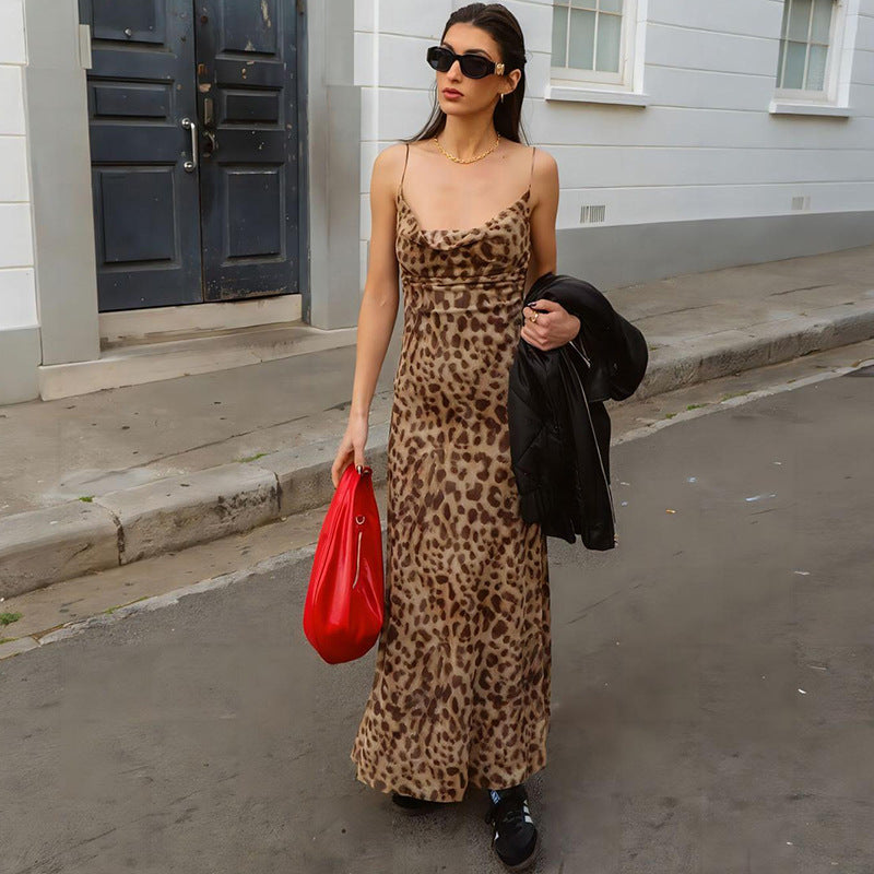 Leopard-Print Cowl-Neck Spaghetti-Strap Slip Maxi Dress