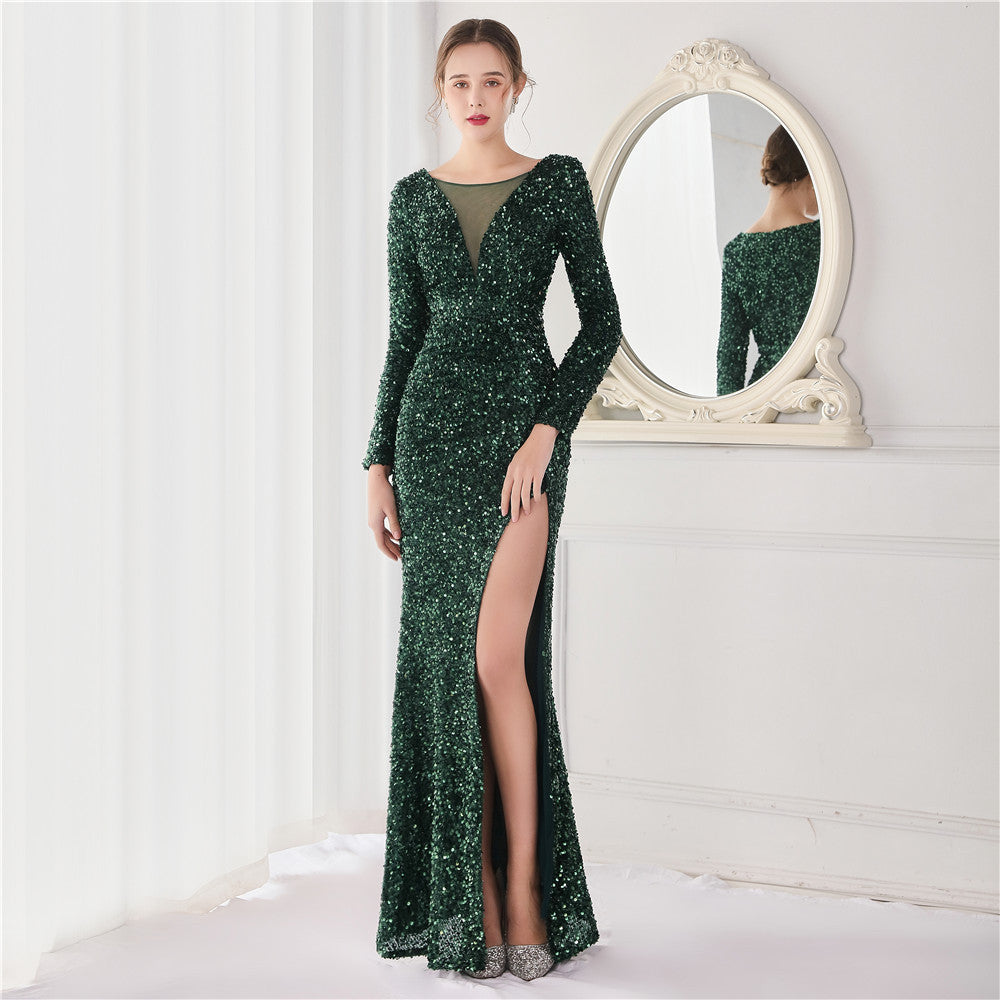 Cocktail Elegant Long Long Sleeve Sequined Atmosphere Fishtail Evening Dress - Fashionpara