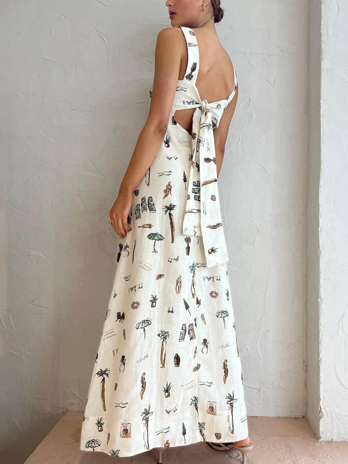 Beach Print Square Neck Pocket A-Line Maxi Dress 2