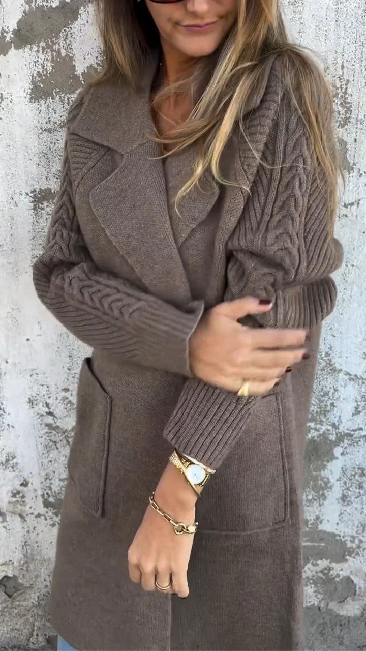 Lapel Cable-Knit Sleeves Long Knitted Coat for Cozy Elegance