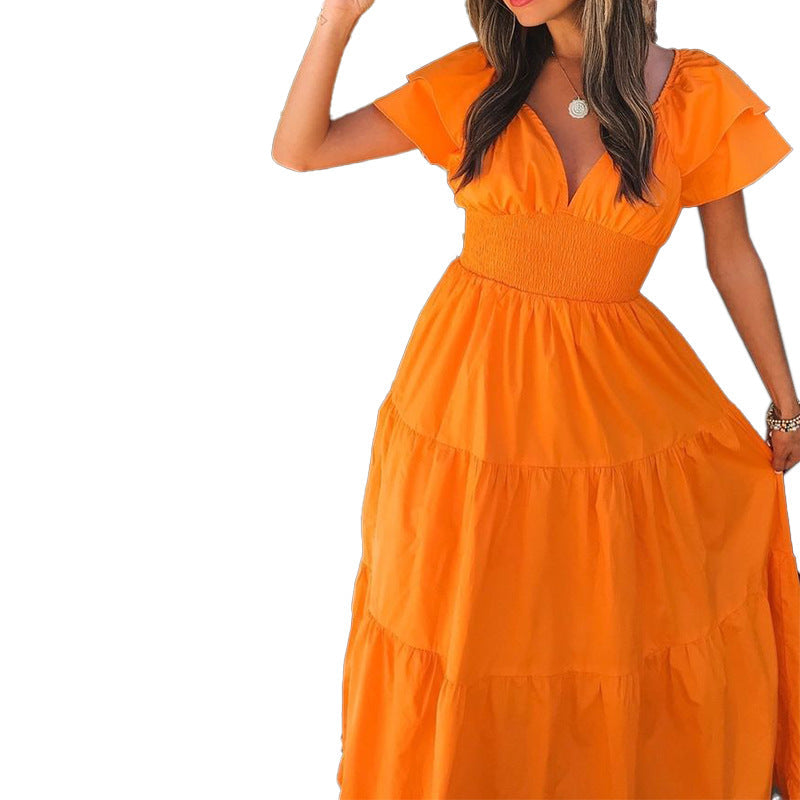 V-Neck Flutter Sleeve Smocked Tiered Maxi Dress