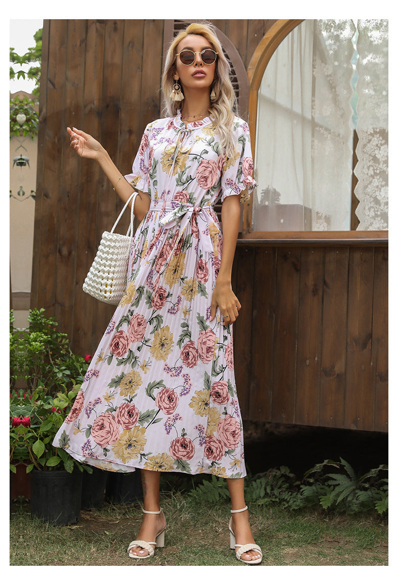 Floral Print Tie Neck Short Sleeve Pleated Midi Dress