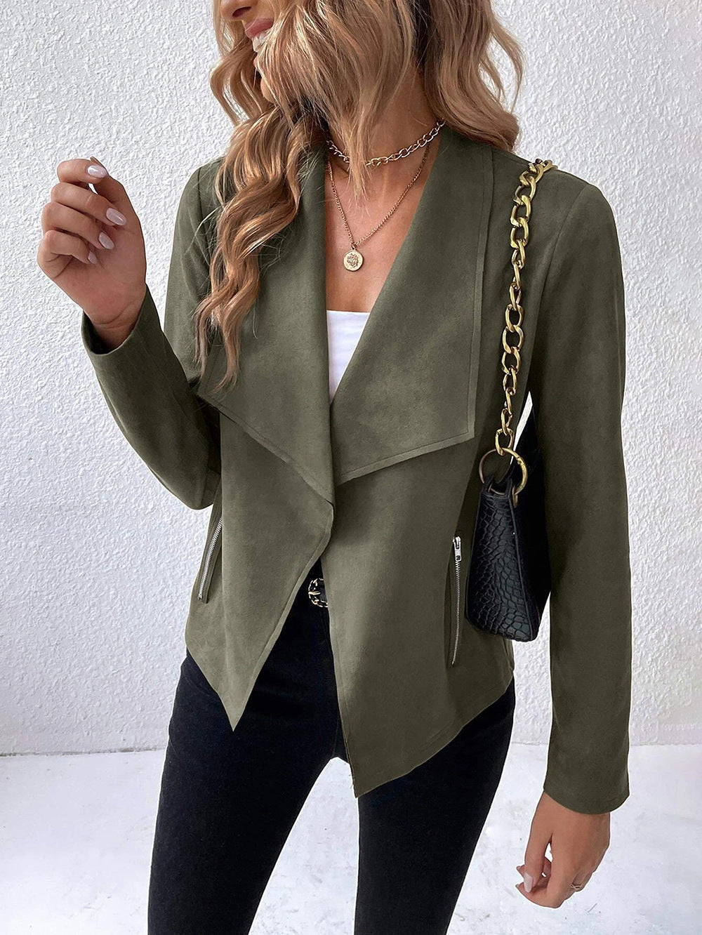 Chic Suede Collar Cropped Long Sleeve Jacket for Stylish Layers