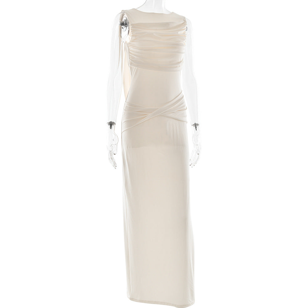 Ruched Boat Neck Draped Side-Slit Column Maxi Gown 6