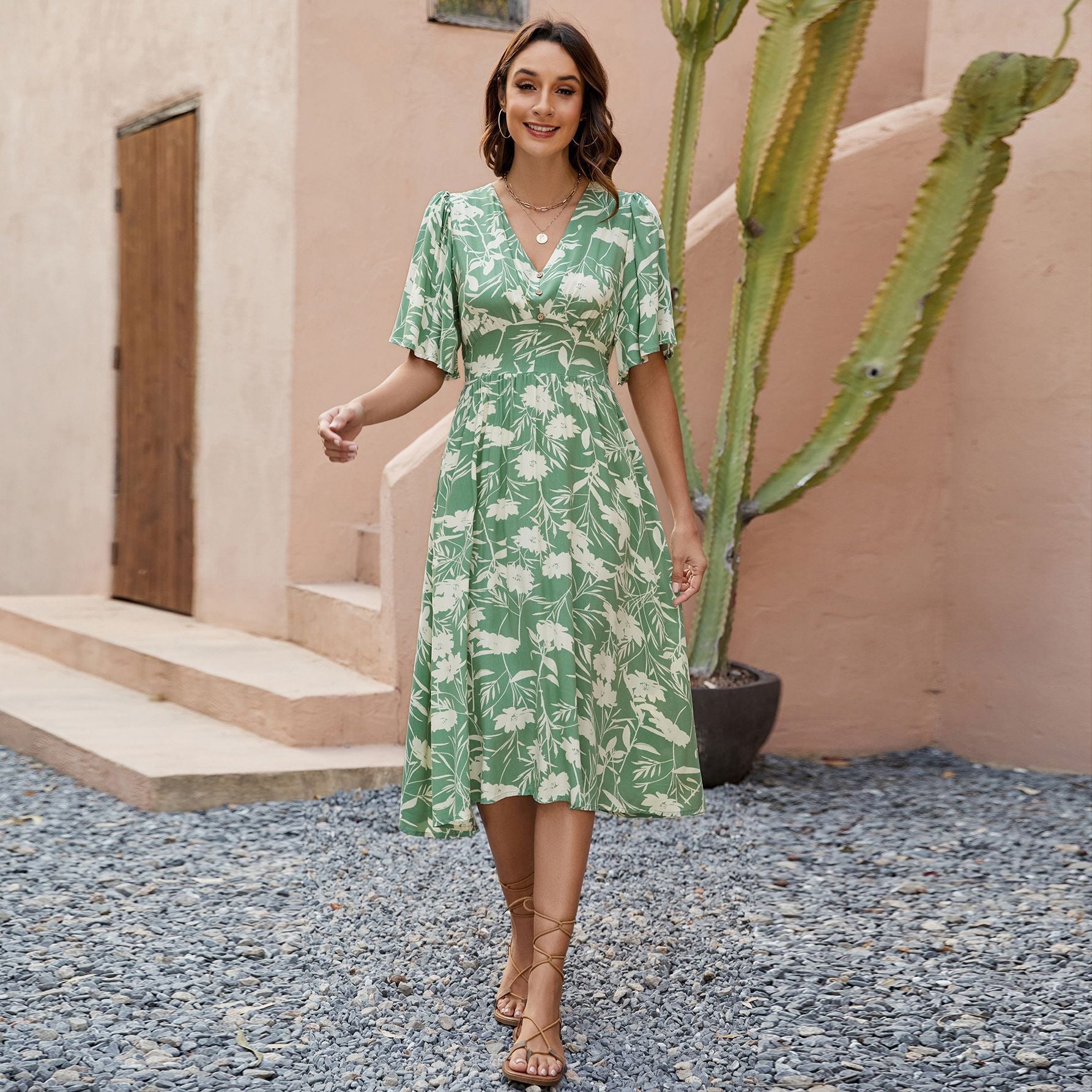 Printed V neck Short Sleeve Waist Controlled Dress Bohemian Holiday Party Beach Dress - Fashionpara