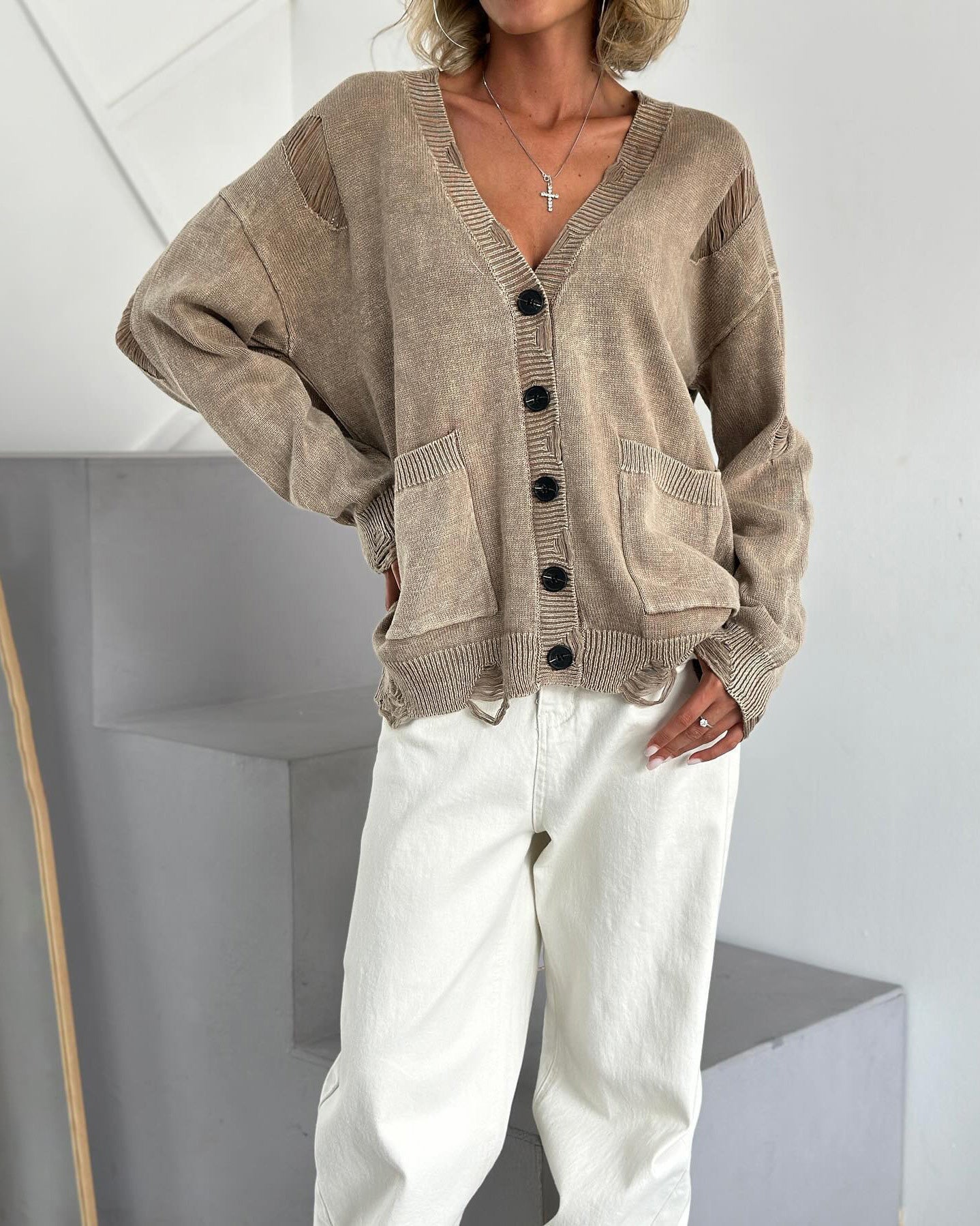Cozy Distressed V-Neck Wool Cardigan for Effortless Style