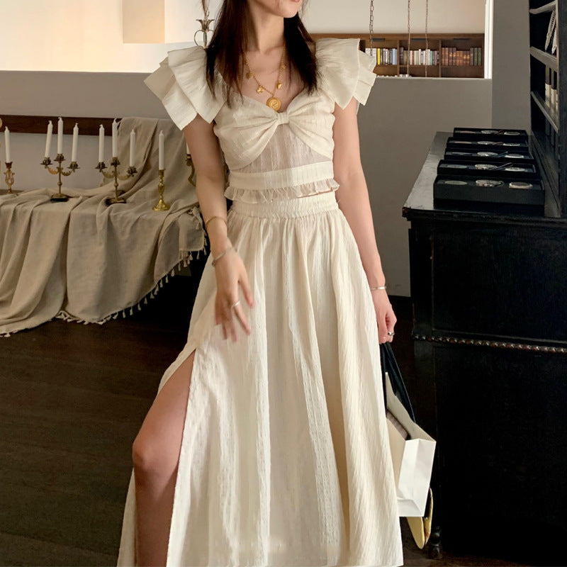 French Retro Twopiece Dress With Bow S / Black White Slit Maxi Dress