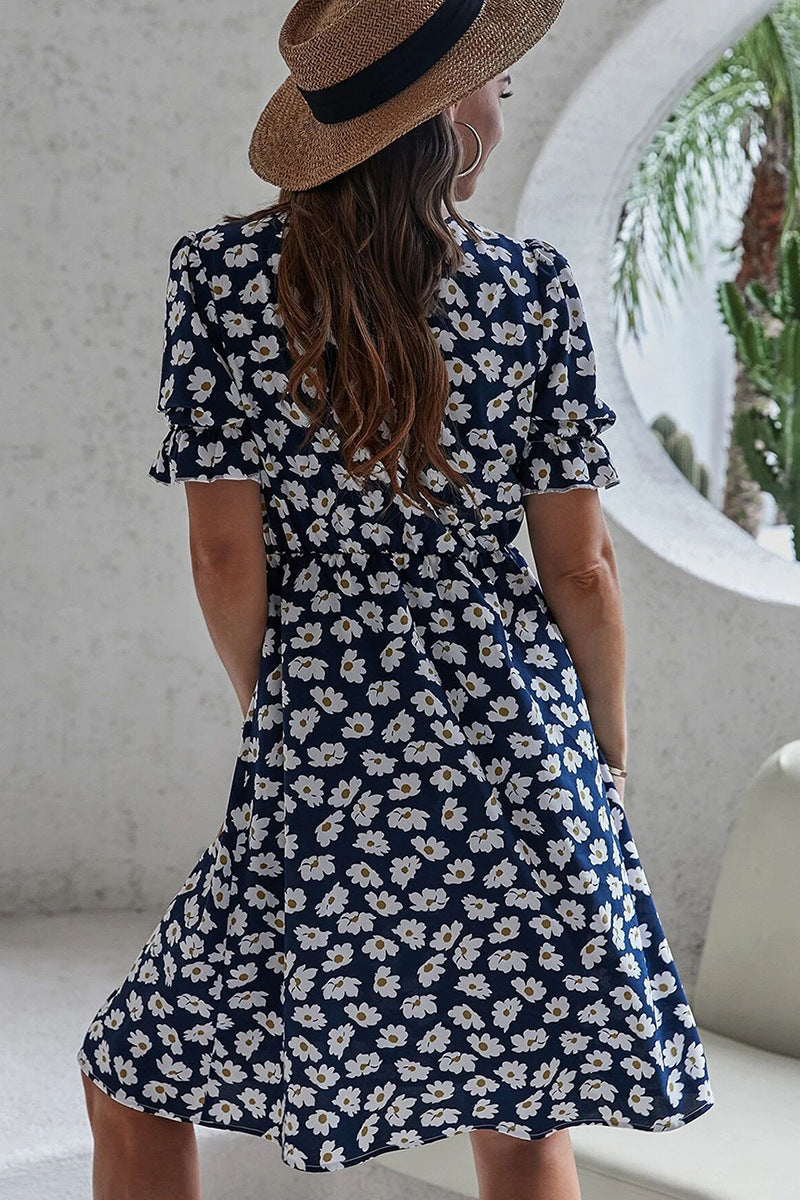 Floral Print Round Neck Puff Sleeve A-Line Midi Dress