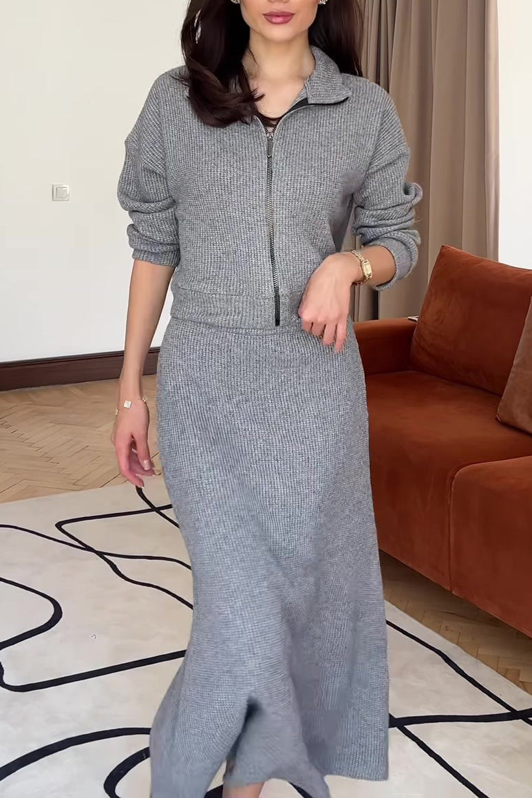 Chic Solid Color Knit Lapel Zip-Up Coat and Maxi Skirt Set