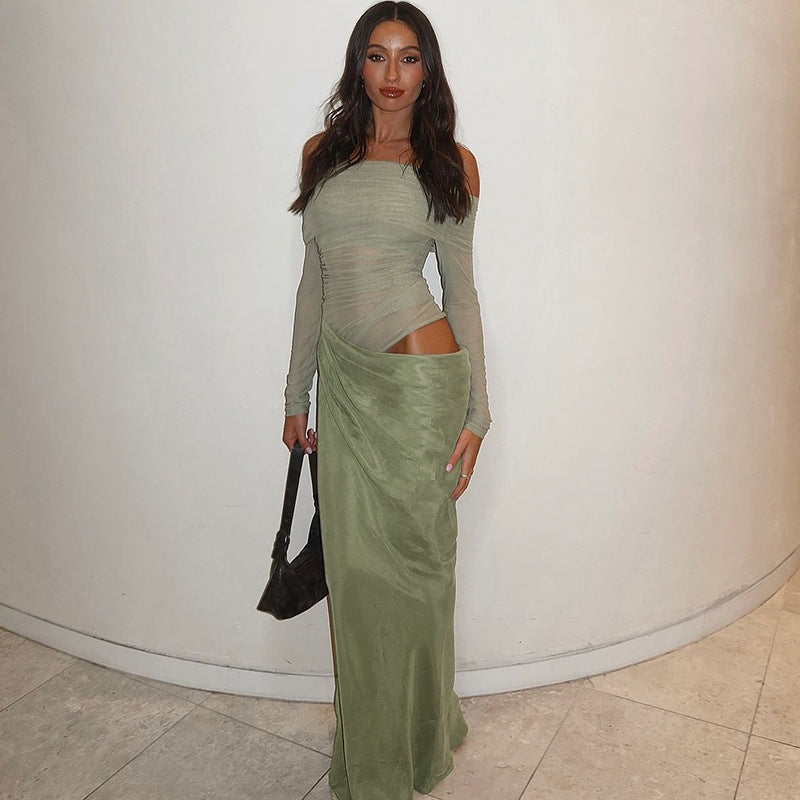 Off-Shoulder Long-Sleeve Ruched Draped Maxi Dress 2