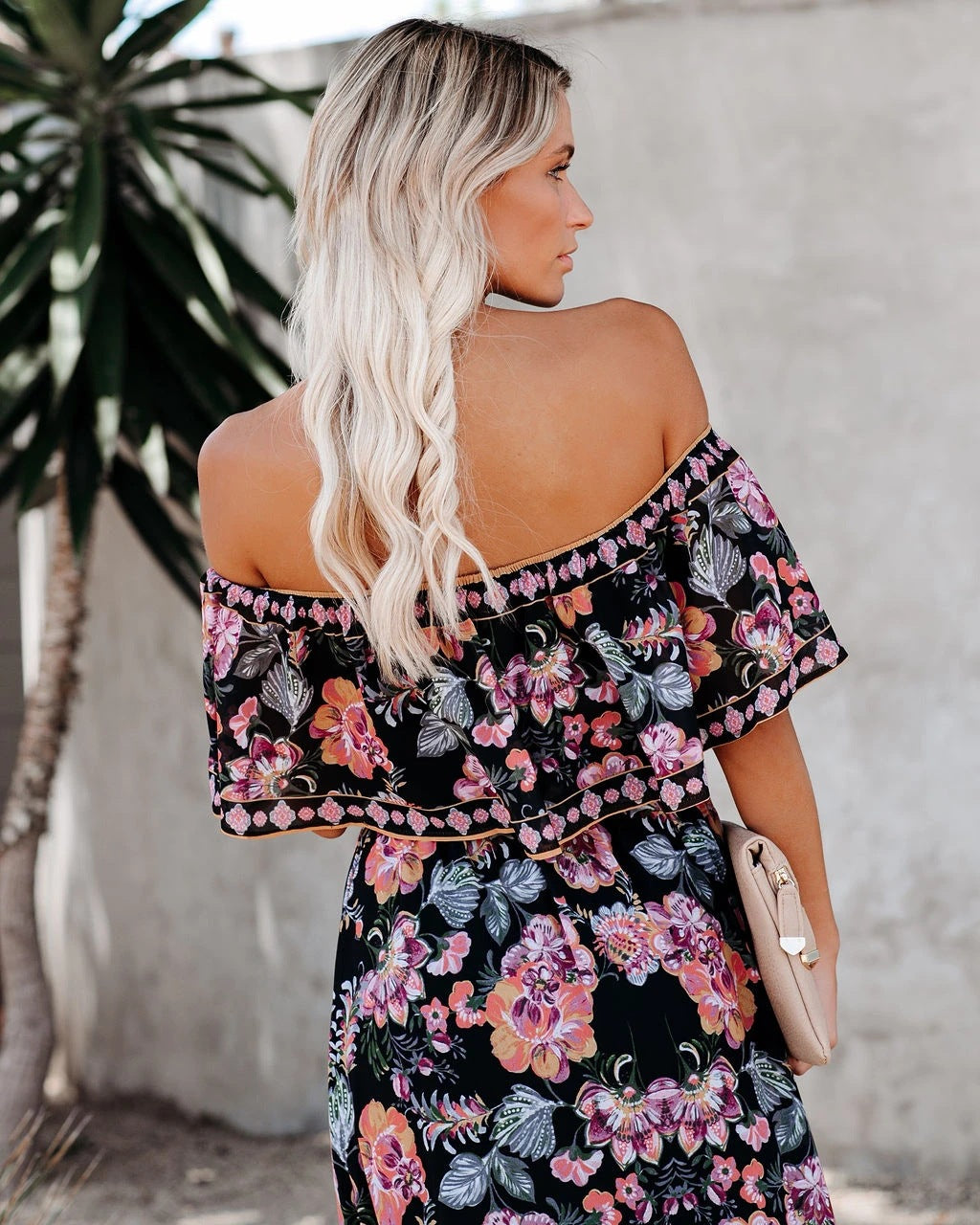 Floral Print Off Shoulder Tiered Maxi Dress