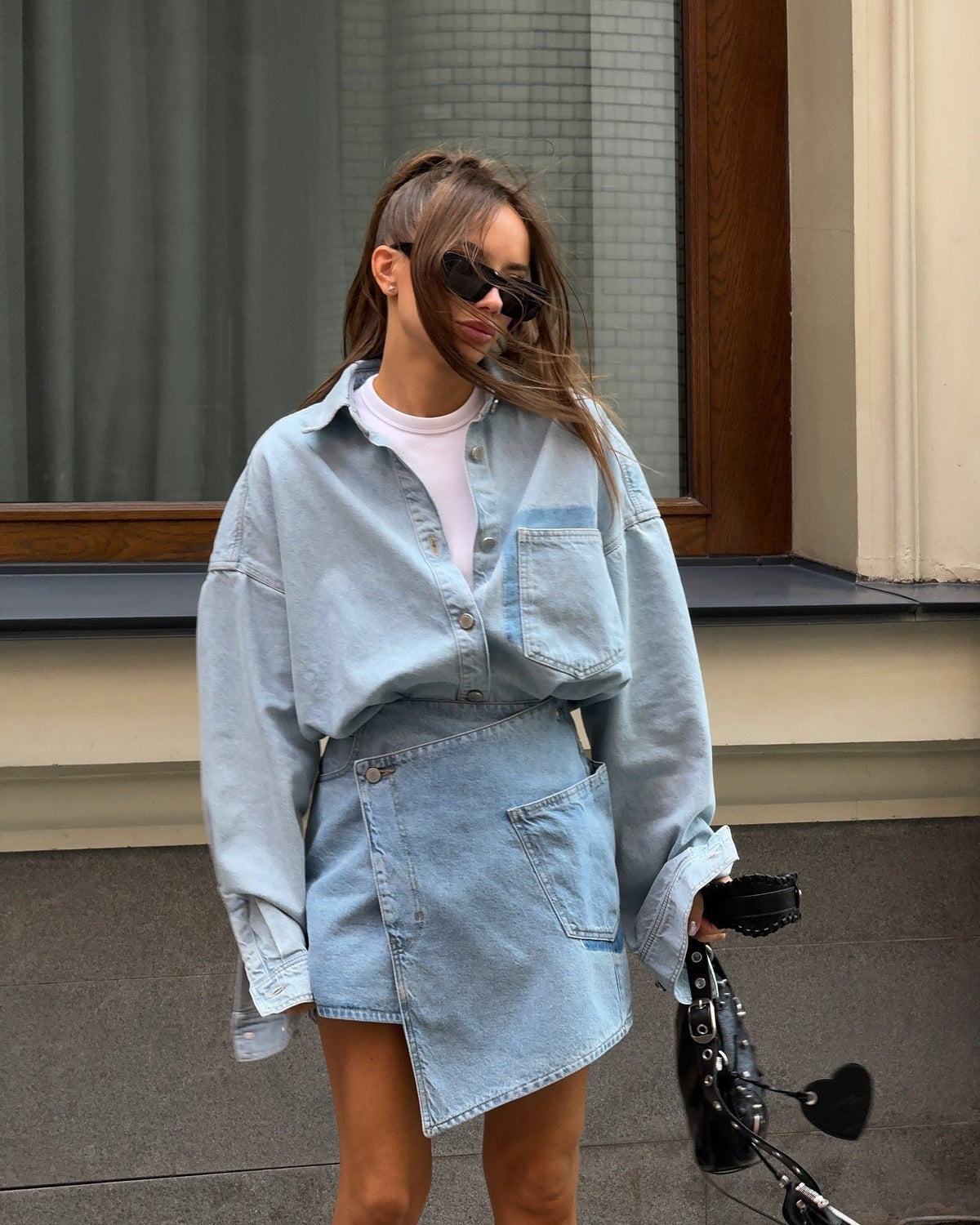 Color-Block Denim Oversized Shirt Skirt Two-Piece Suit